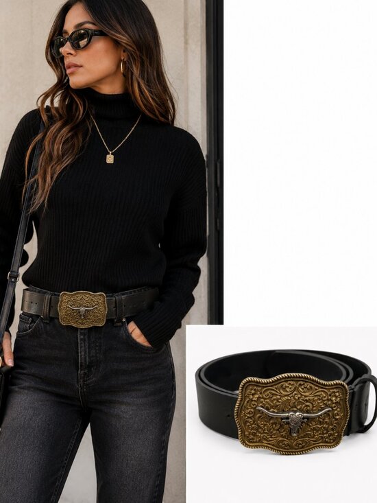 Accessories - Western Longhorn Skull Statement Belt Engraved Gold Buckle Ranch Style
